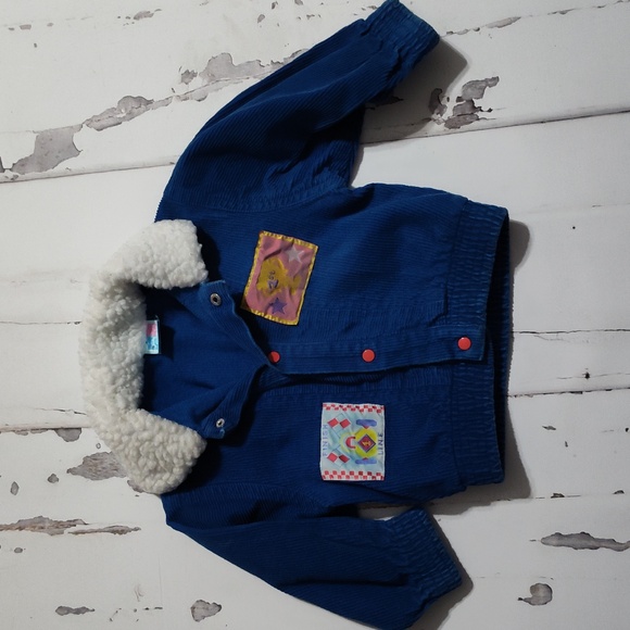 Vintage Corduy Blue Kids Jacket with Patches 80s Sherpa Jacket Judy Philippine - Picture 1 of 4